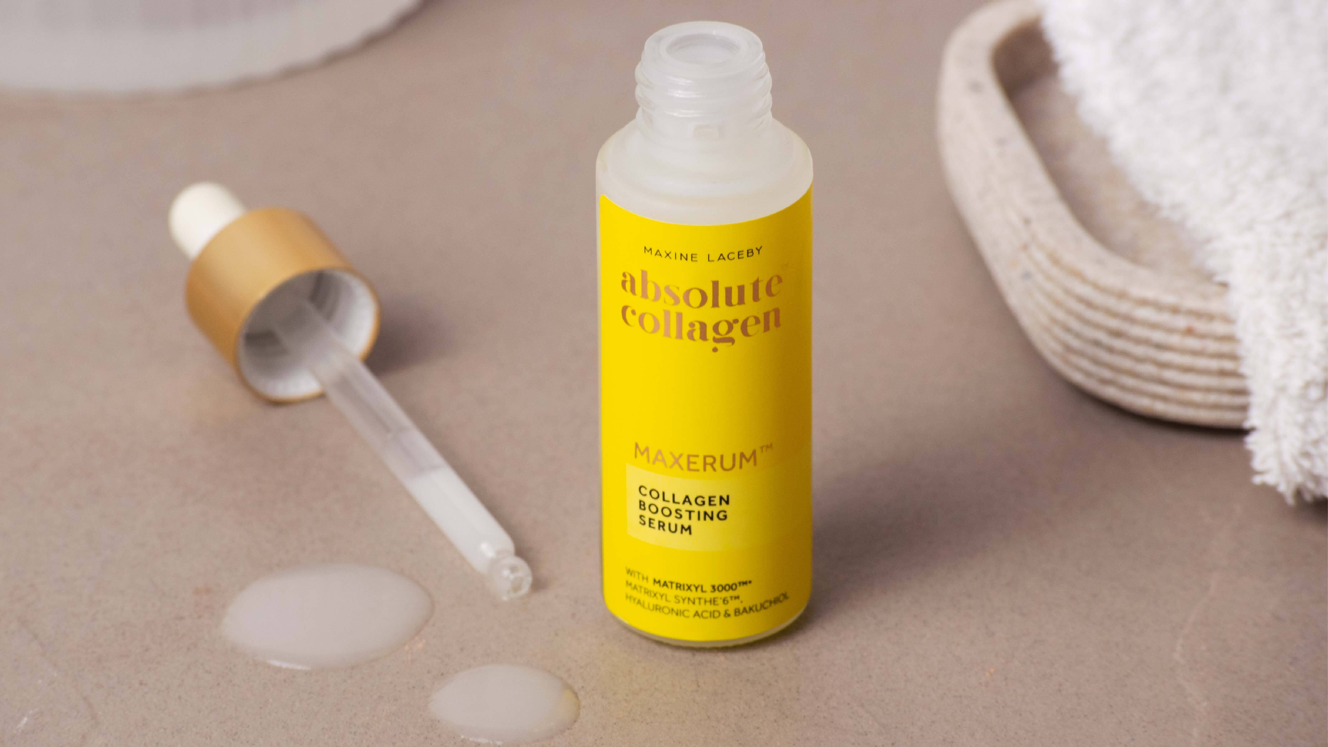 Photo showing an opened bottle of Maxerum on a beige background