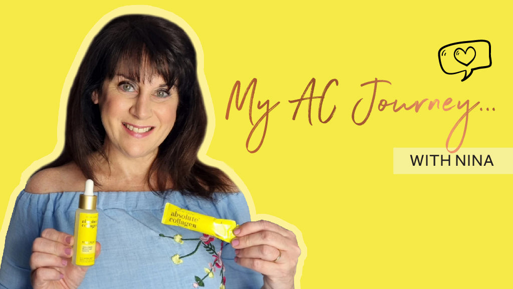 Image on a yellow background showing a smiling woman wearing a light blue top, she has shoulder length brown hair and a fringe and is holding a bottle of Maxerum and a sachet of Absolute Collagen. To her right, the text says "My AC Journey with Nina"